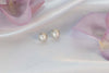 Aretes pequeños de perla con marco plateado incrustado con zirconias sobre superficie blanca
